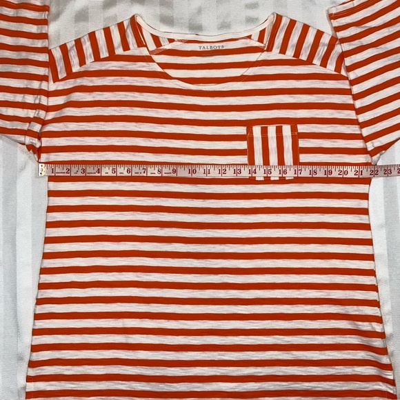Talbots Orange & White Sz L Striped Cotton Top with pocket 3/4 Sleeves - Picture 6 of 12